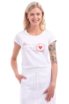 valentýnský nákup -  triko kardio, bílé s motivem srdce a srdeční křivky, triko pro zdravotníky 